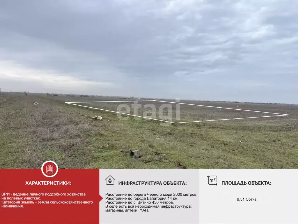 Участок в Крым, Сакский район, Молочненское с/пос, с. Витино  (6.51 ... - Фото 1