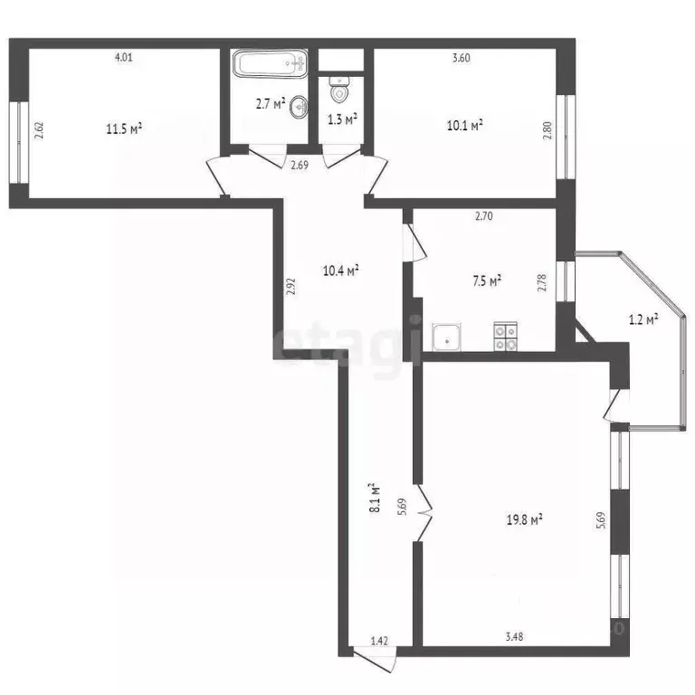 3-к кв. Тюменская область, Тюмень ул. Николая Чаплина, 117 (70.8 м) - Фото 2