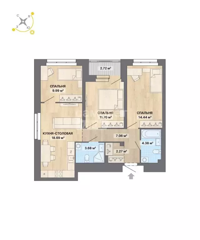 3-комнатная квартира: Екатеринбург, Павлодарская улица, 8 (75 м) - Фото 1