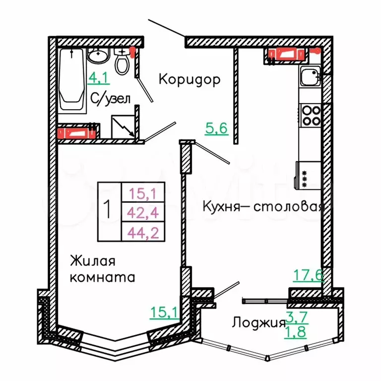 1-к. квартира, 44,2 м, 11/13 эт. - Фото 0