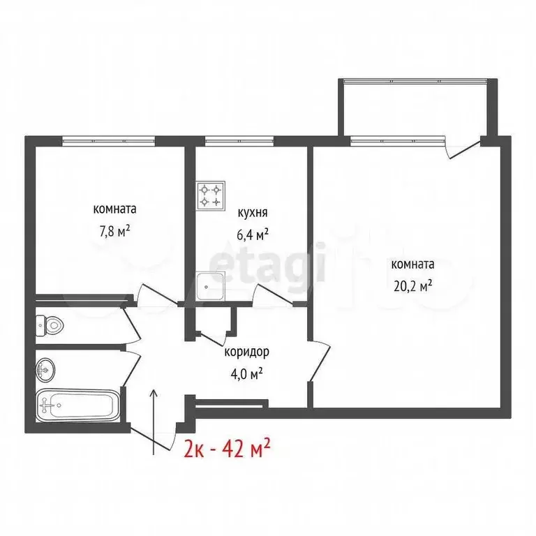 2-к. квартира, 42 м, 5/9 эт. - Фото 0