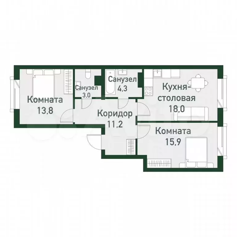 3-к. квартира, 64,9 м, 6/7 эт. - Фото 0