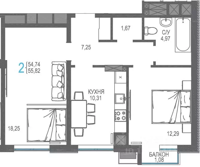 2-к кв. Крым, Симферопольский район, Гвардейское пгт, Республика жилой ... - Фото 1