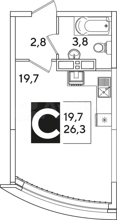 Квартира-студия, 26,3 м, 13/16 эт. - Фото 0