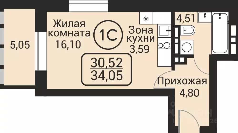 1-к кв. Новосибирская область, Новосибирск Пегас жилой комплекс (30.52 ... - Фото 1