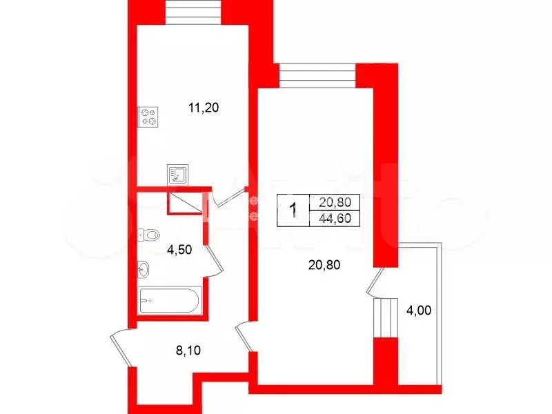1-к. квартира, 44,6 м, 7/12 эт. - Фото 0