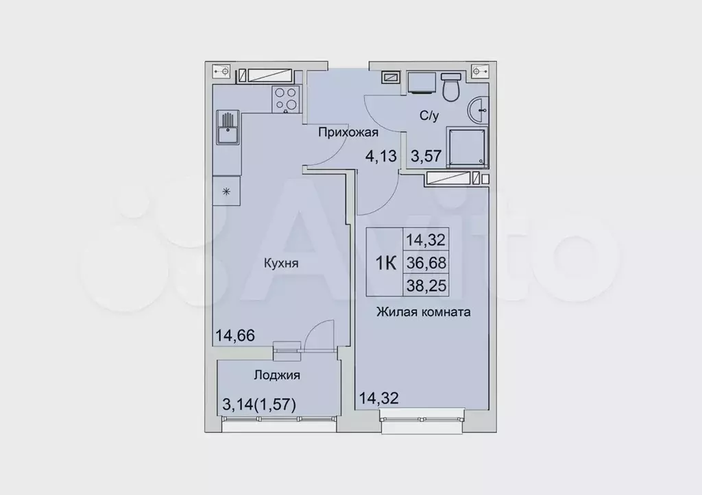 1-к. квартира, 38,3 м, 14/22 эт. - Фото 0