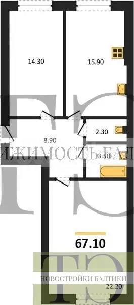 2-к. квартира, 67,1 м, 2/6 эт. - Фото 0