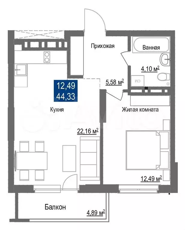 2-к. квартира, 44,3 м, 15/25 эт. - Фото 0