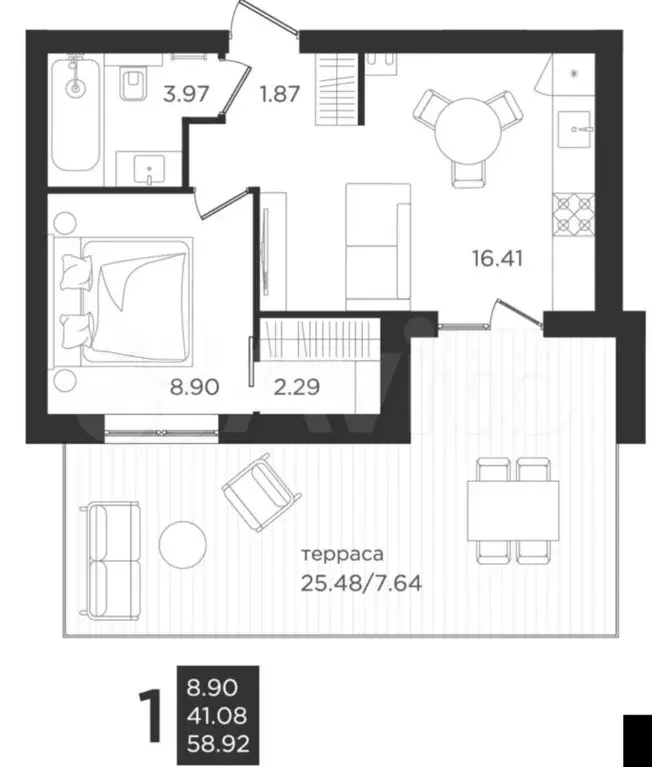 1-к. квартира, 41,1м, 1/4эт. - Фото 1