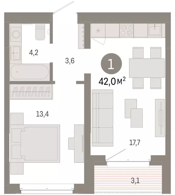 1-комнатная квартира: Тюмень, жилой комплекс На Минской (42 м) - Фото 2