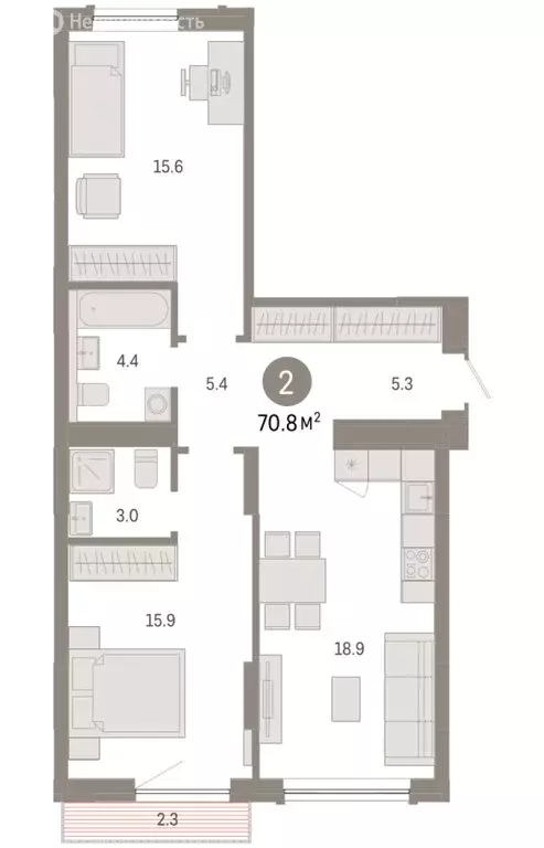 2-комнатная квартира: Тюмень, микрорайон ДОК, ЖК Октябрьский на Туре ... - Фото 2