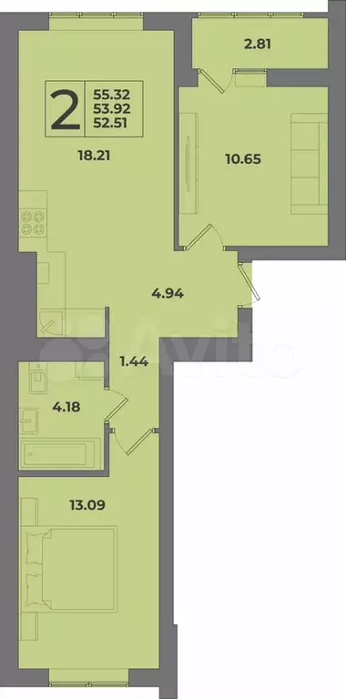 2-к. квартира, 53,9 м, 3/8 эт. - Фото 1