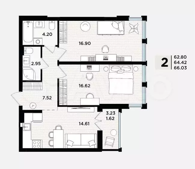2-к. квартира, 66 м, 1/5 эт. - Фото 1