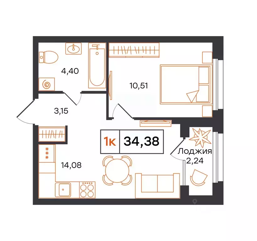 1-к кв. Тюменская область, Тюмень Полевая ул., 117к12 (34.38 м) - Фото 1