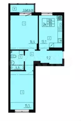 2-к. квартира, 59,6 м, 2/8 эт. - Фото 1