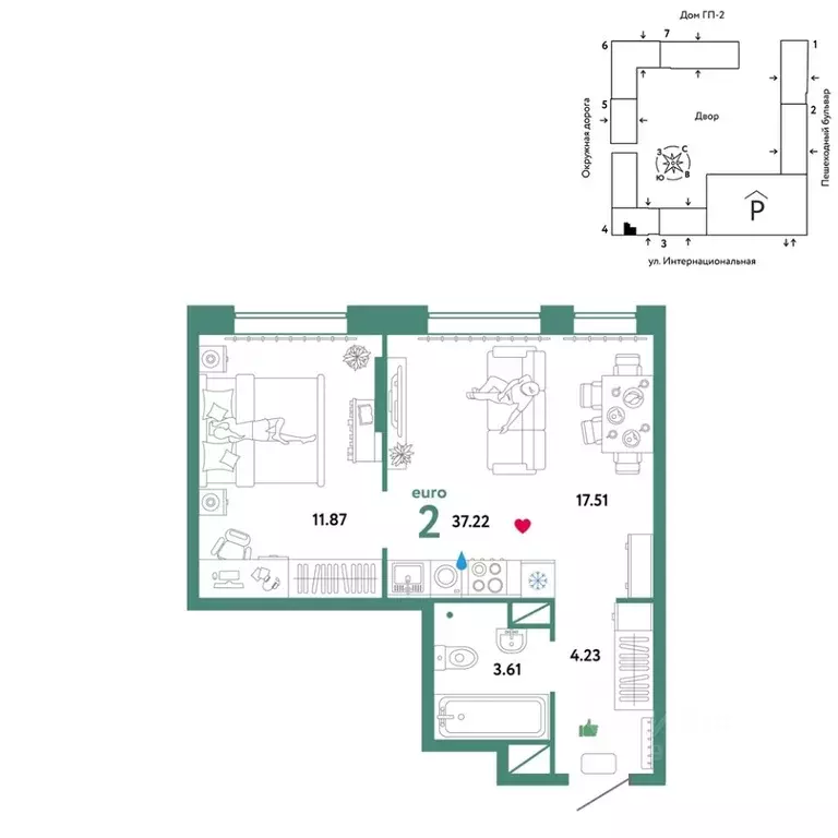 2-к кв. Тюменская область, Тюмень Интернациональная ул., 199к9 (37.22 ... - Фото 1