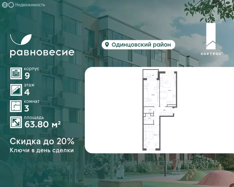 3-комнатная квартира: село Перхушково, микрорайон Равновесие, 9 (63.8 ... - Фото 1