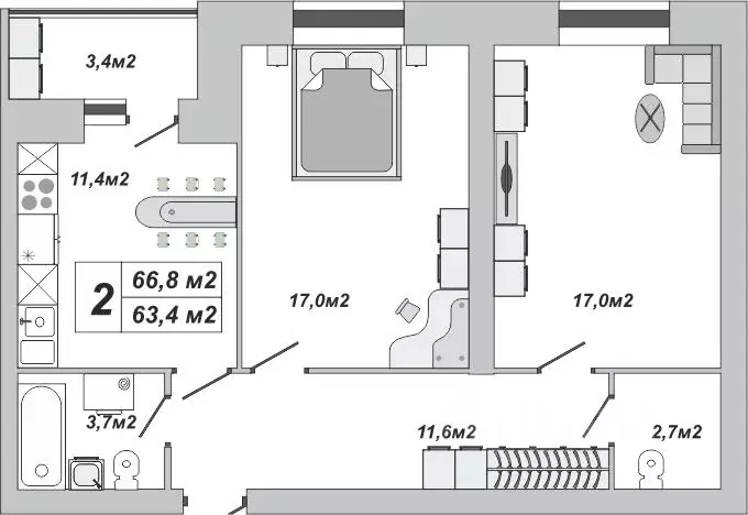 2-к кв. Тамбовская область, Тамбов ул. Чичерина, 7/3 (66.8 м) - Фото 1