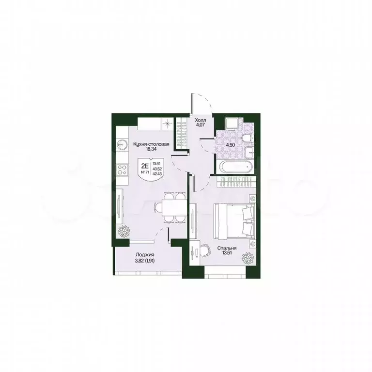 1-к. квартира, 42,4 м, 2/4 эт. - Фото 0