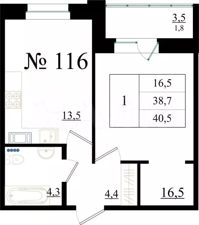 1-к. квартира, 40,5 м, 6/8 эт. - Фото 0