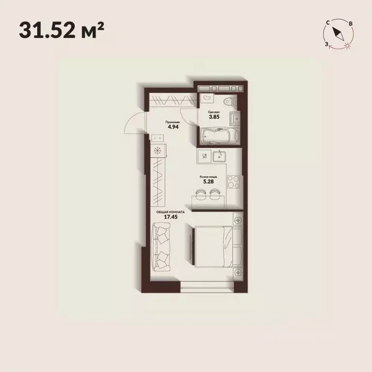 Студия Приморский край, Владивосток Каскада жилой комплекс (31.52 м) - Фото 1