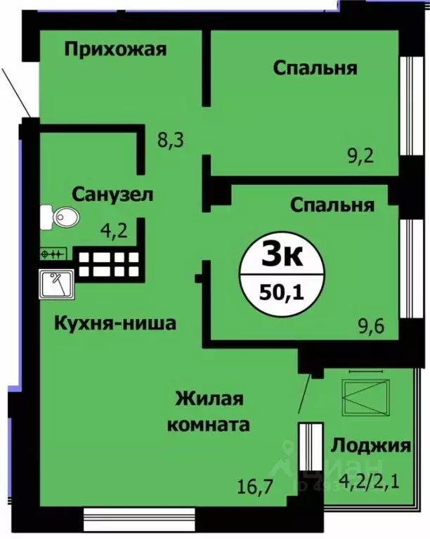 3-к кв. Красноярский край, Красноярск Лесопарковая ул., 43 (50.4 м) - Фото 0