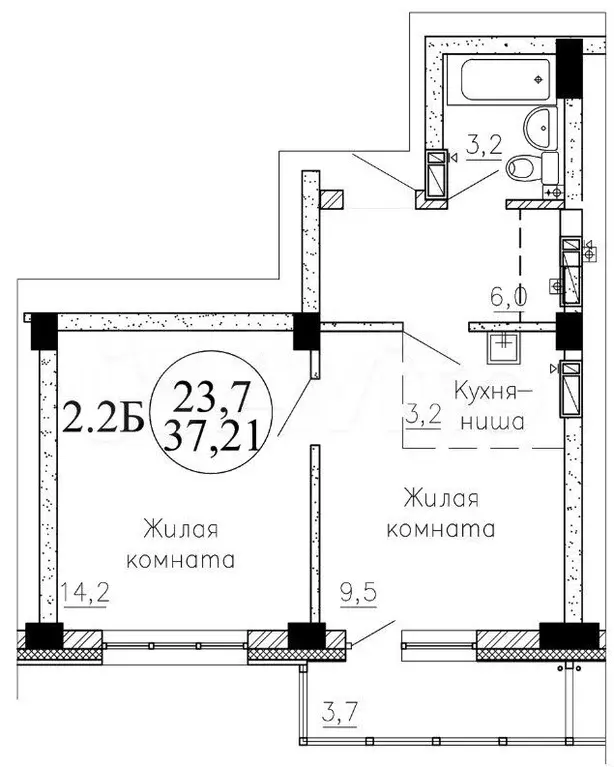 2-к. квартира, 37,2 м, 17/24 эт. - Фото 0