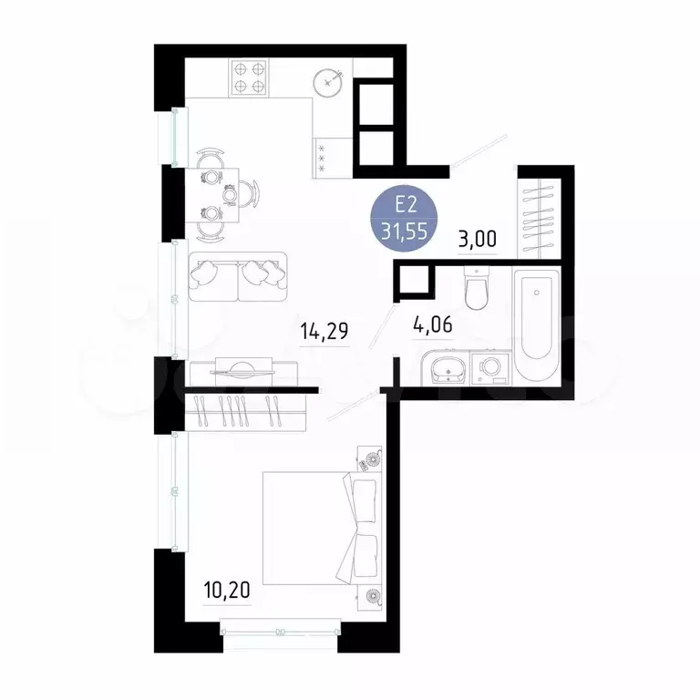 1-к. квартира, 31,6 м, 6/14 эт. - Фото 0