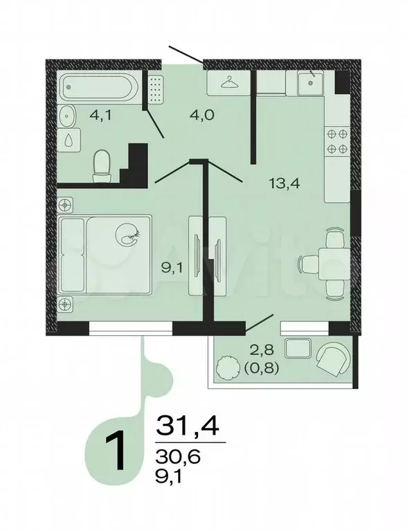 1-к. квартира, 31,4 м, 4/4 эт. - Фото 0