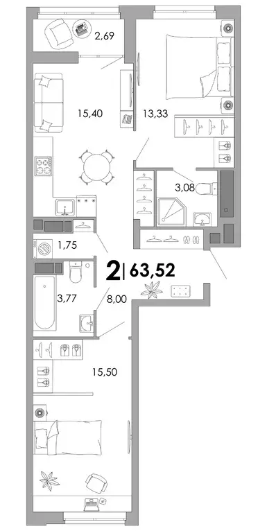 2-к квартира, 63.52 м - Фото 0
