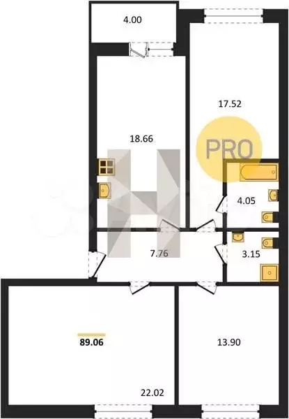 3-к. квартира, 89,1 м, 1/9 эт. - Фото 1