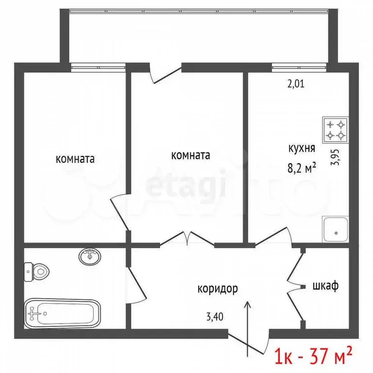 1-к. квартира, 37 м, 2/3 эт. - Фото 1