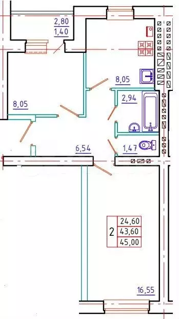 2-к. квартира, 45 м, 4/5 эт. - Фото 1