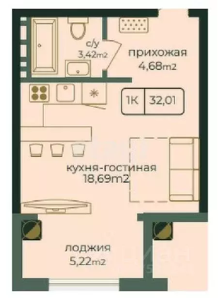 Студия Дагестан, Каспийск просп. Акулиничева (32.01 м) - Фото 1