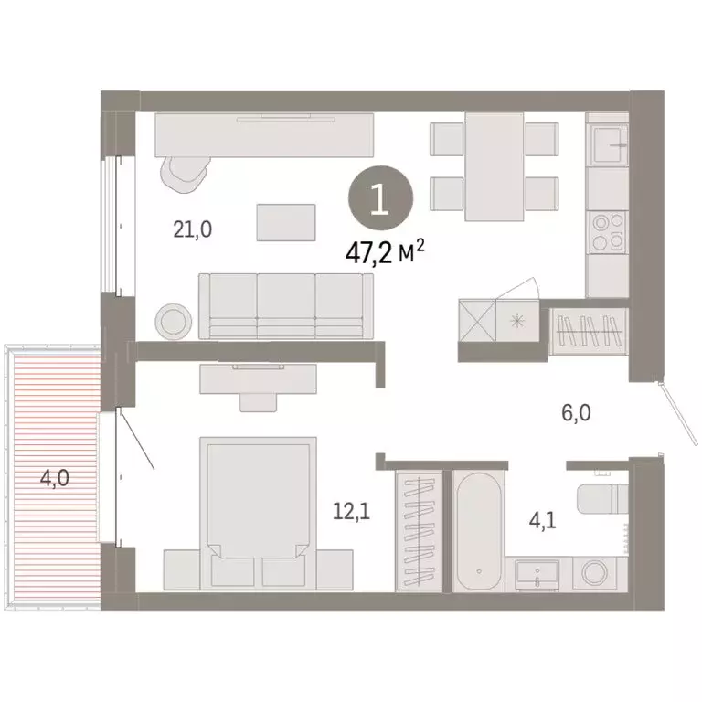 1-комнатная квартира: Тюмень, жилой комплекс На Минской (47.18 м) - Фото 2