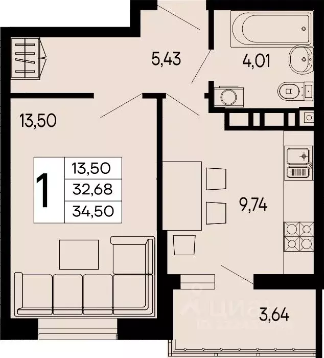1-к кв. Адыгея, Майкоп 9 Мая ул. (34.5 м) - Фото 1
