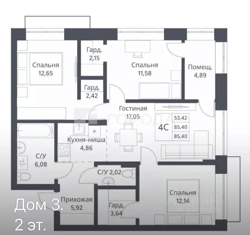4-к кв. Новосибирская область, Новосибирск Игарская ул., 42/1 (85.4 м) - Фото 2