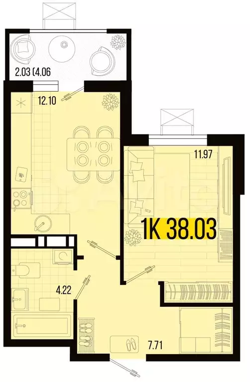 1-к. квартира, 38 м, 6/8 эт. - Фото 0