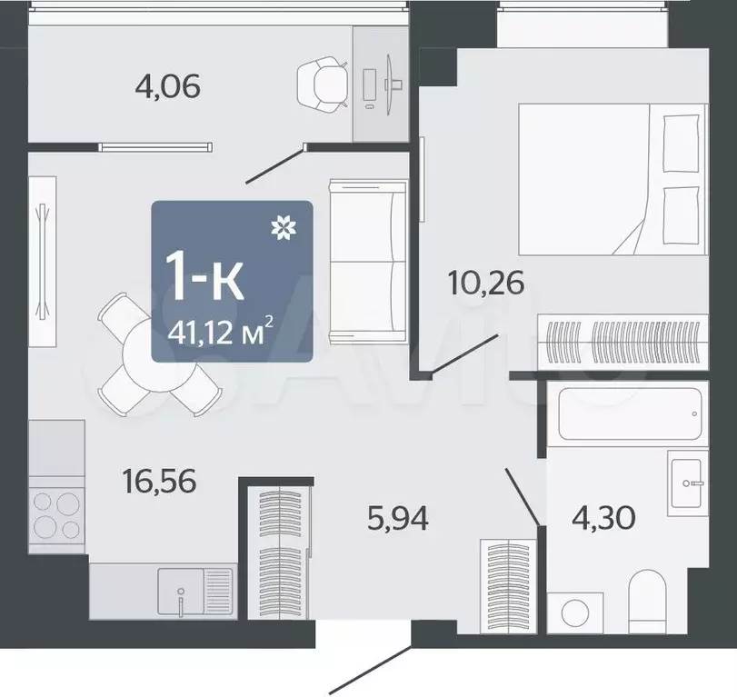 1-к. квартира, 41,1 м, 6/8 эт. - Фото 1