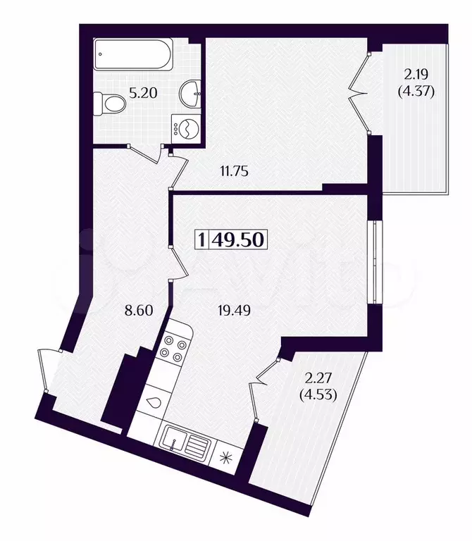 1-к. квартира, 49,5 м, 3/7 эт. - Фото 1