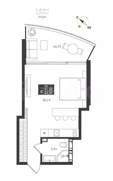 Апартаменты-студия, 42,4 м, 7/11 эт. - Фото 0