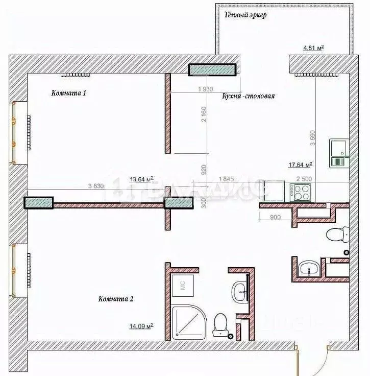 2-к кв. Новосибирская область, Новосибирск ул. Крылова, 34 (61.0 м) - Фото 1