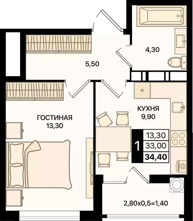 1-к кв. Ростовская область, Ростов-на-Дону просп. Шолохова (34.4 м) - Фото 0