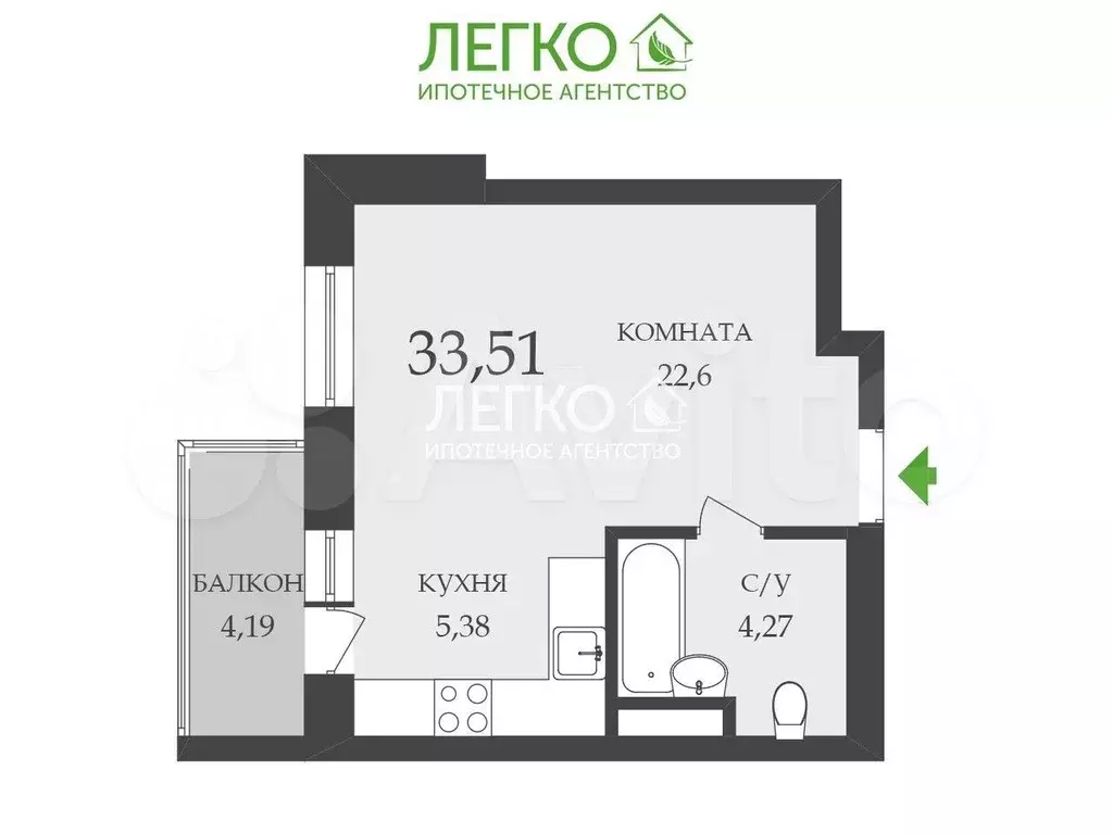 Квартира-студия, 33,6 м, 1/4 эт. - Фото 0