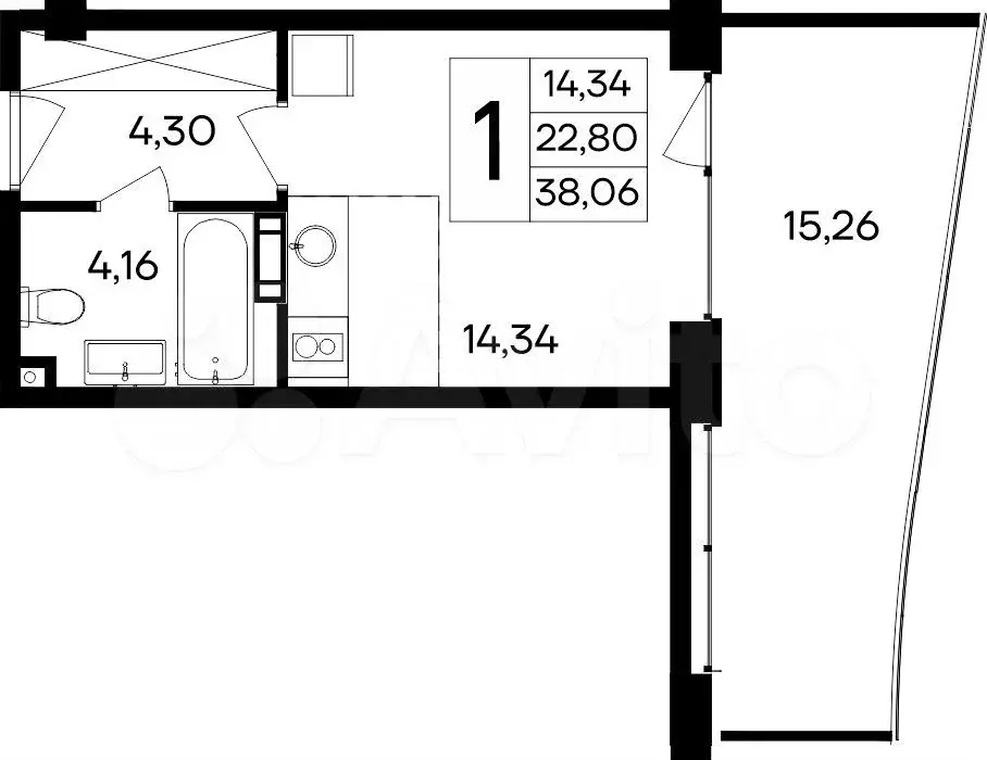 Апартаменты-студия, 38,1 м, 7/8 эт. - Фото 0