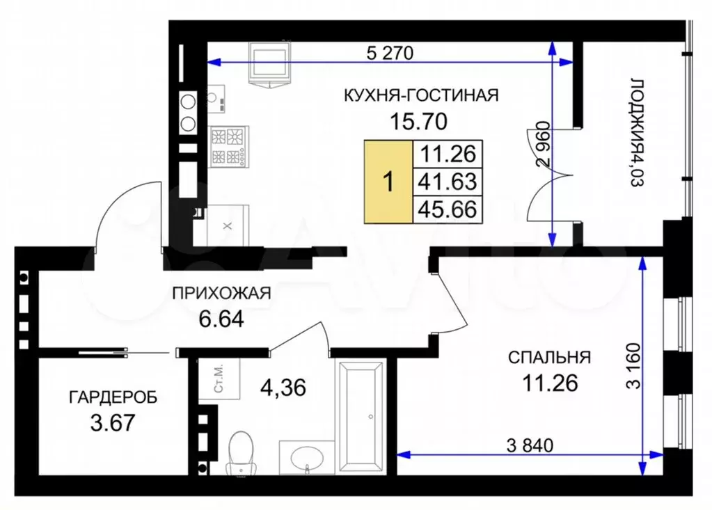 1-к. квартира, 46м, 2/7эт. - Фото 1