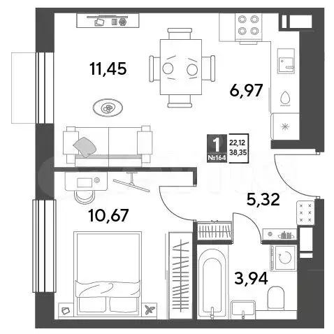 1-к. квартира, 38,4 м, 7/15 эт. - Фото 0