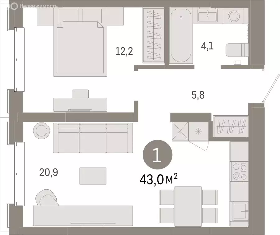 1-комнатная квартира: Тюмень, жилой комплекс На Минской (42.98 м) - Фото 1