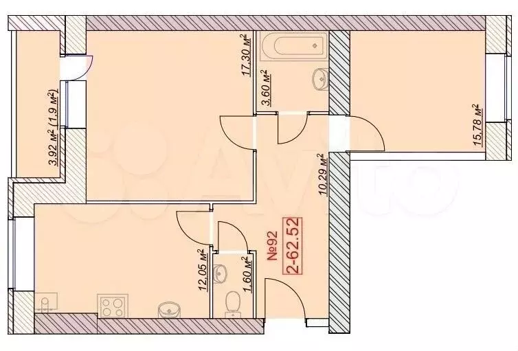 2-к. квартира, 62,5 м, 1/9 эт. - Фото 1